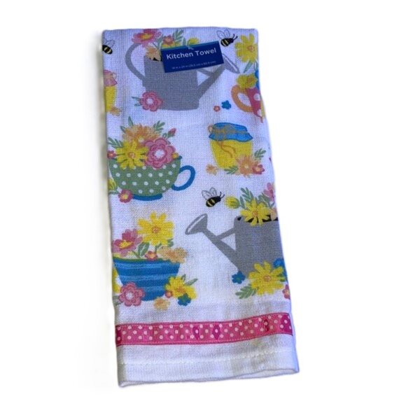 FLOWERS IN BLOOM Kitchen Towel Tea Cups Watering Cans Bees NEW 14 x 24 inches - Picture 2 of 11